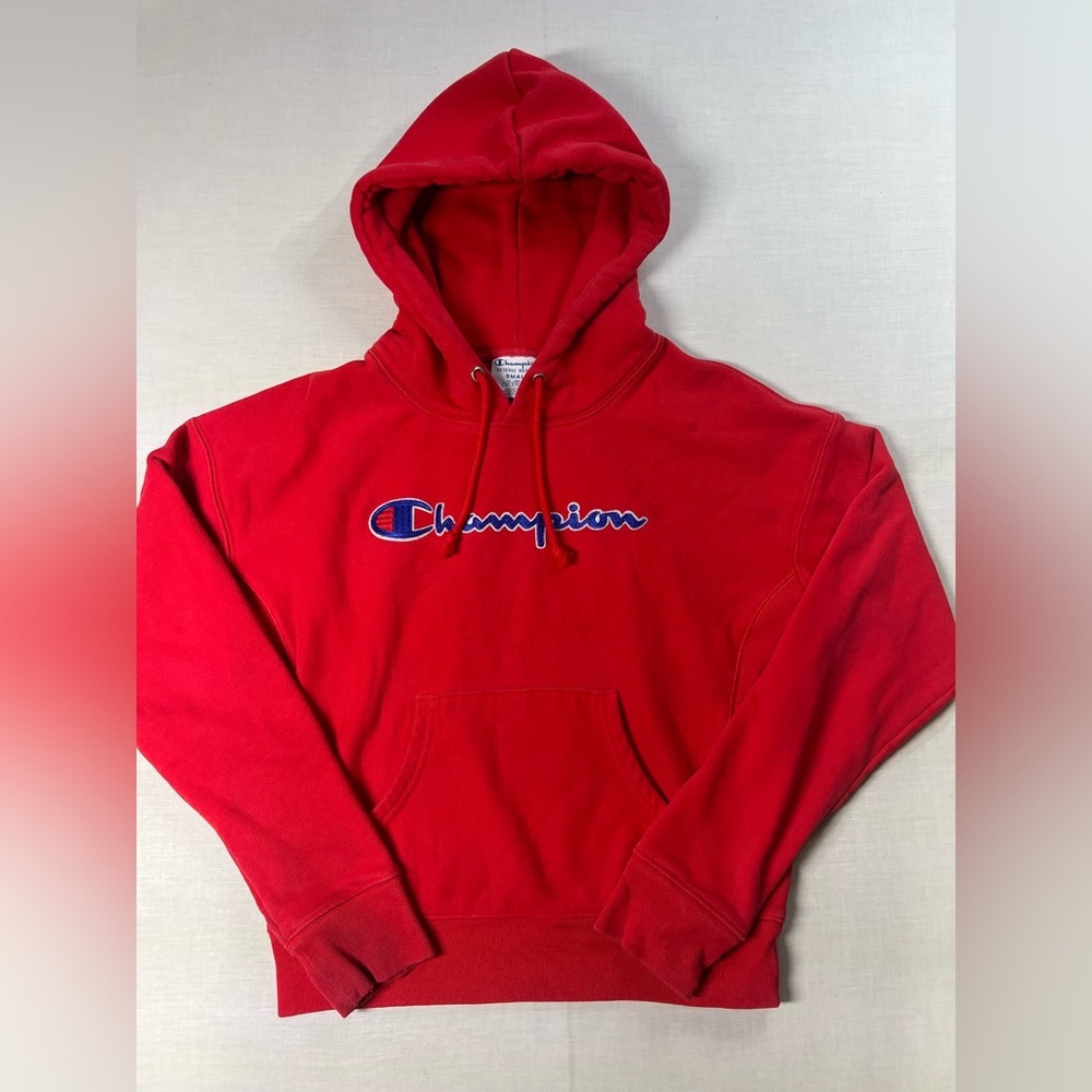 Champion Reverse Weave Hoodie Women's Small Red Embroidered Logo Pullover Hoodie